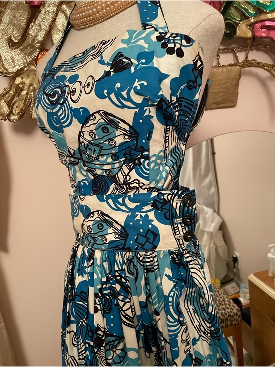 Vintage Dresses & Skirts - 1950s Tiki Halter Circle Skirt Bolero 3pc Set Blue Black Cotton XS